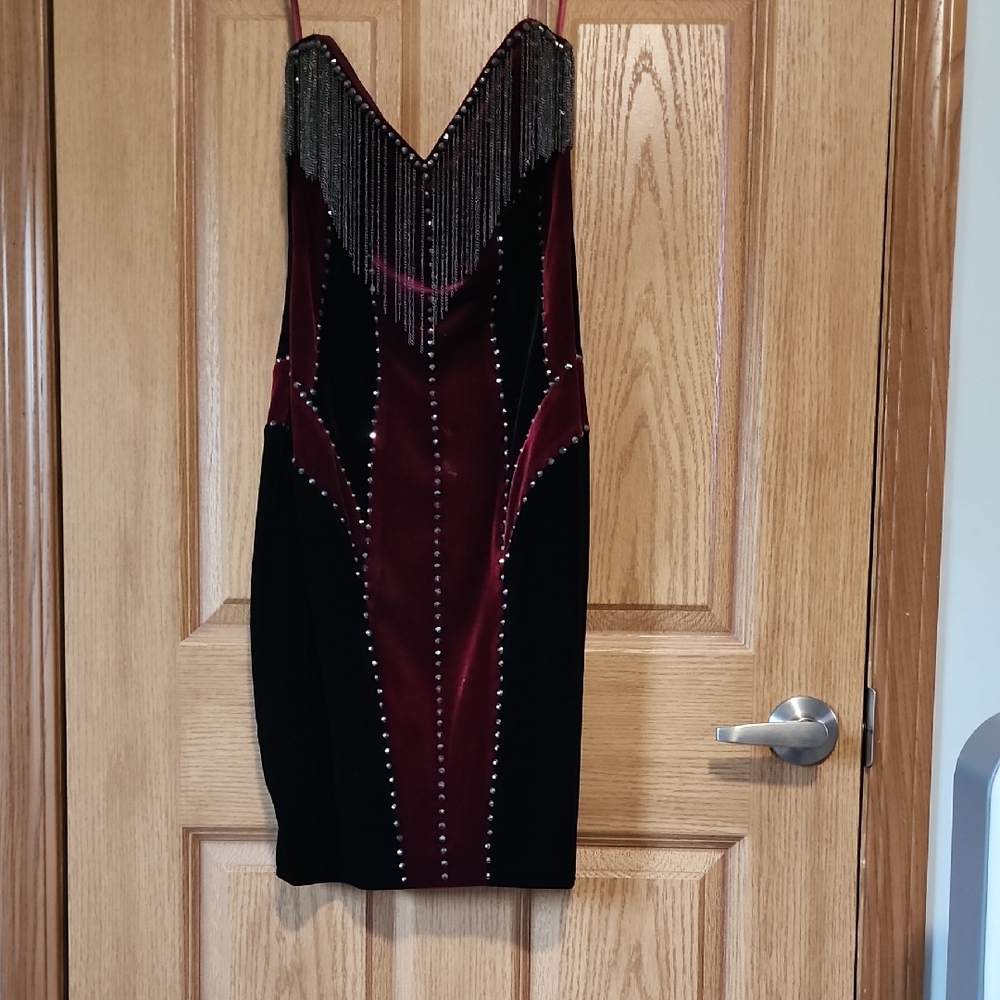 Strapless Johnathan Kayne Black and Burgundy Velvet Mini Dress with Metal Fringe